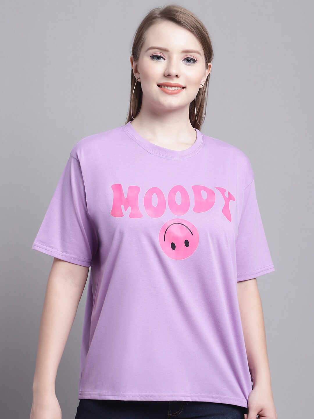

GRACIT Typography Printed Drop-Shoulder Oversized Pure Cotton T-shirt, Purple