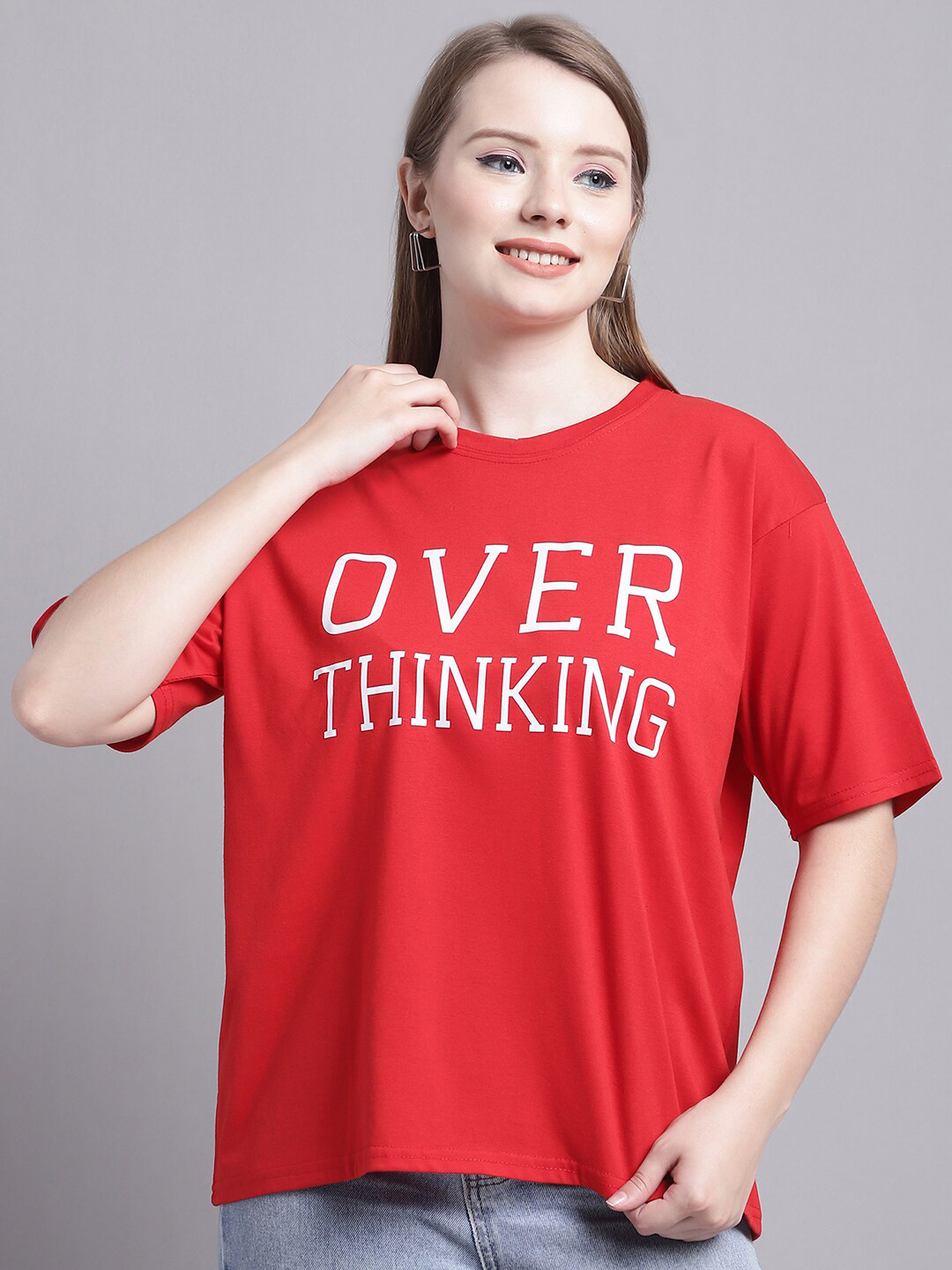

GRACIT Typography Printed Drop-Shoulder Sleeves Pure Cotton Oversized T-shirt, Red