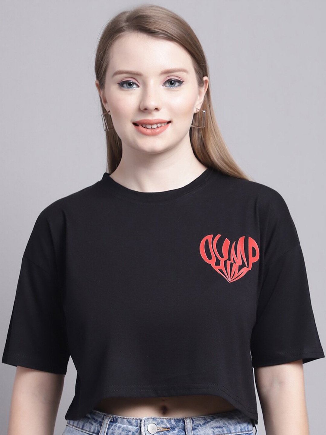 

GRACIT Typography Printed Drop-Shoulder Oversized Pure Cotton Crop T-shirt, Black