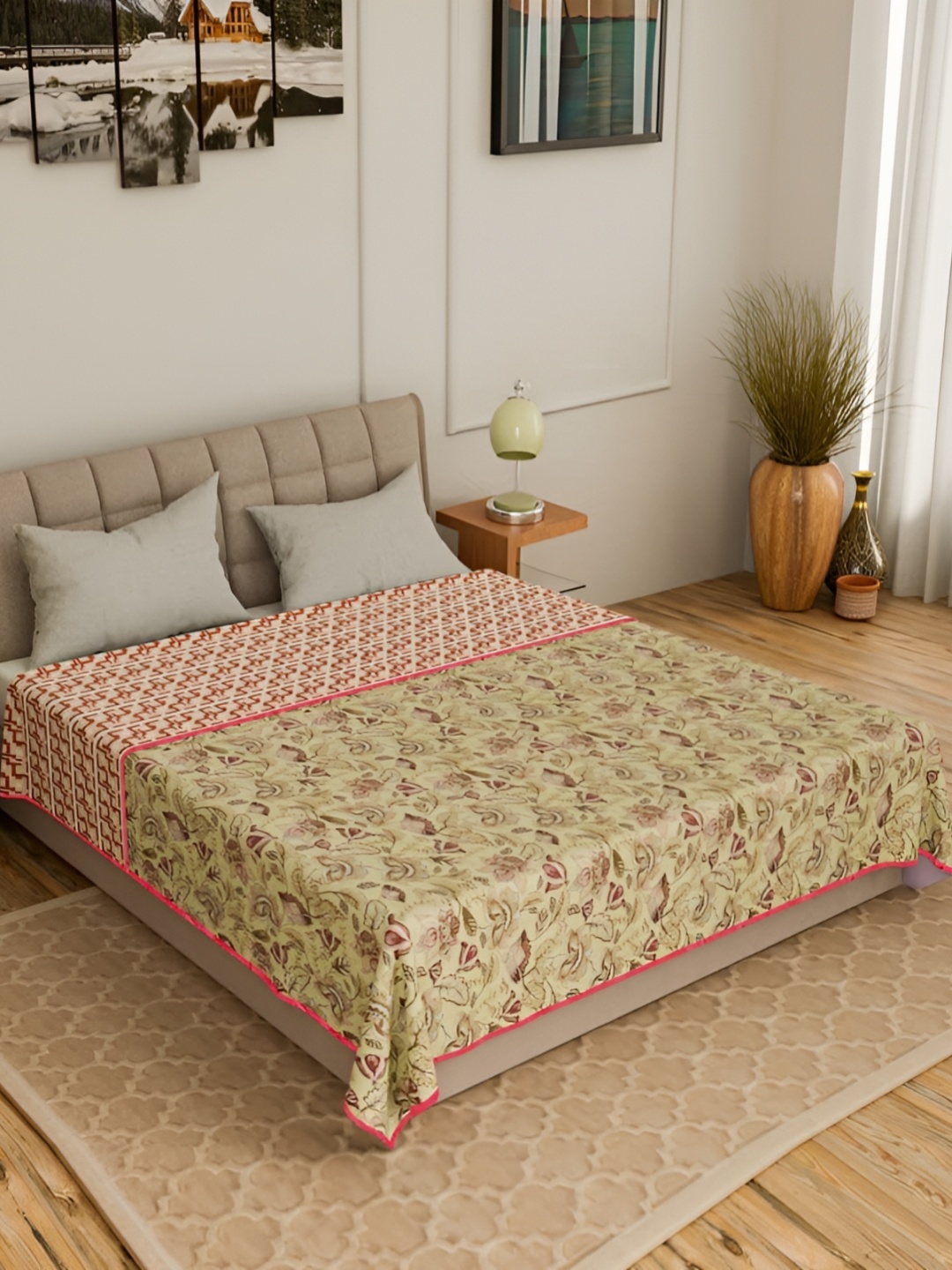 

CURIOUS LIFESTYLE Beige & Pink Floral Printed 150 GSM Cotton Double Bed Dohar