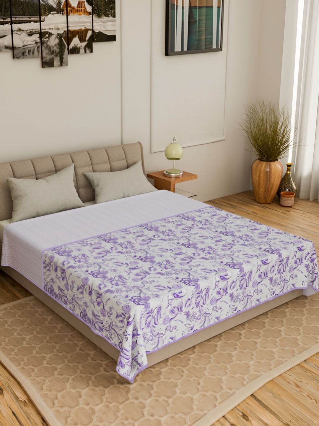 

CURIOUS LIFESTYLE White & Purple Floral Printed 150 GSM Cotton Double Bed Dohar