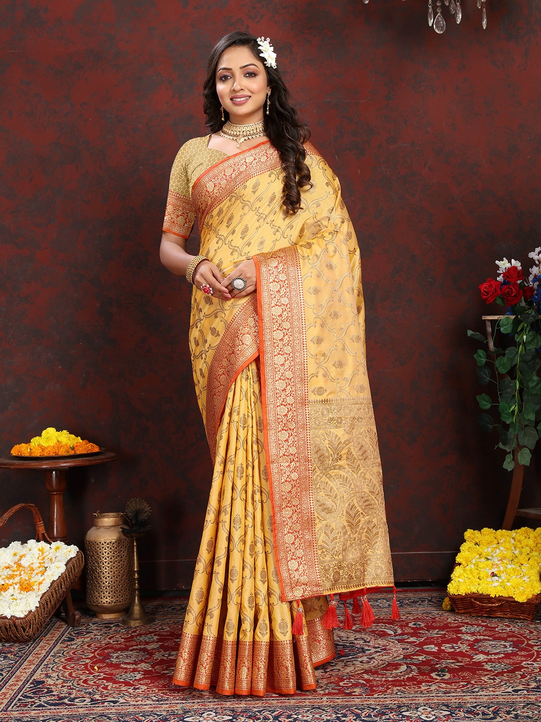 

Ekta Textiles Ethnic Motifs Woven Design Zari Pure Silk Banarasi Saree, Yellow