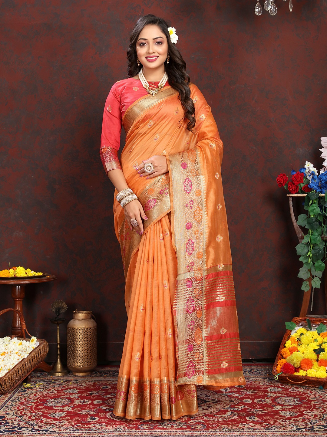 

Ekta Textiles Ethnic Motifs Woven Design Zari Organza Banarasi Saree, Orange