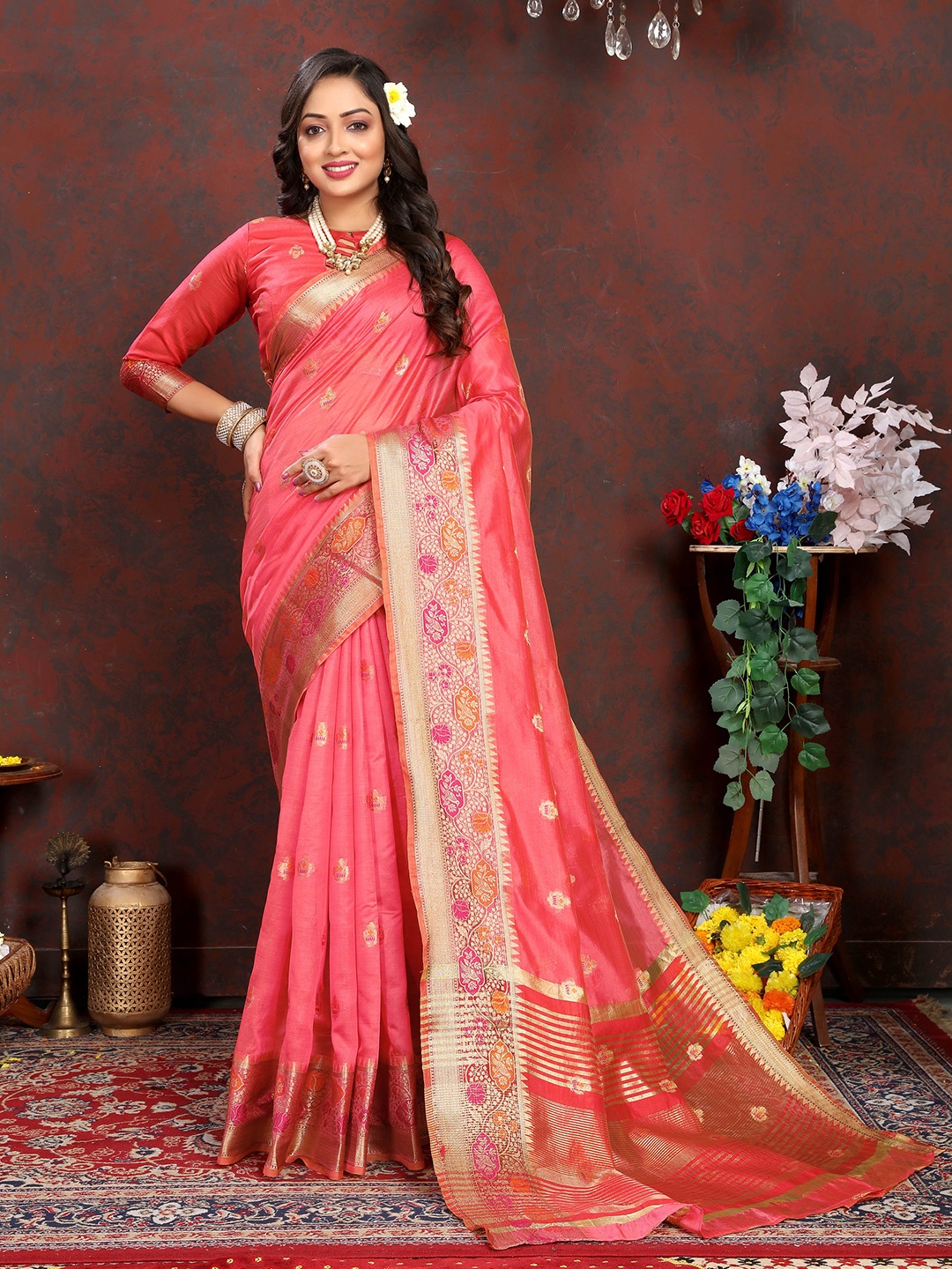 

Ekta Textiles Ethnic Motifs Woven Design Zari Organza Banarasi Saree, Peach