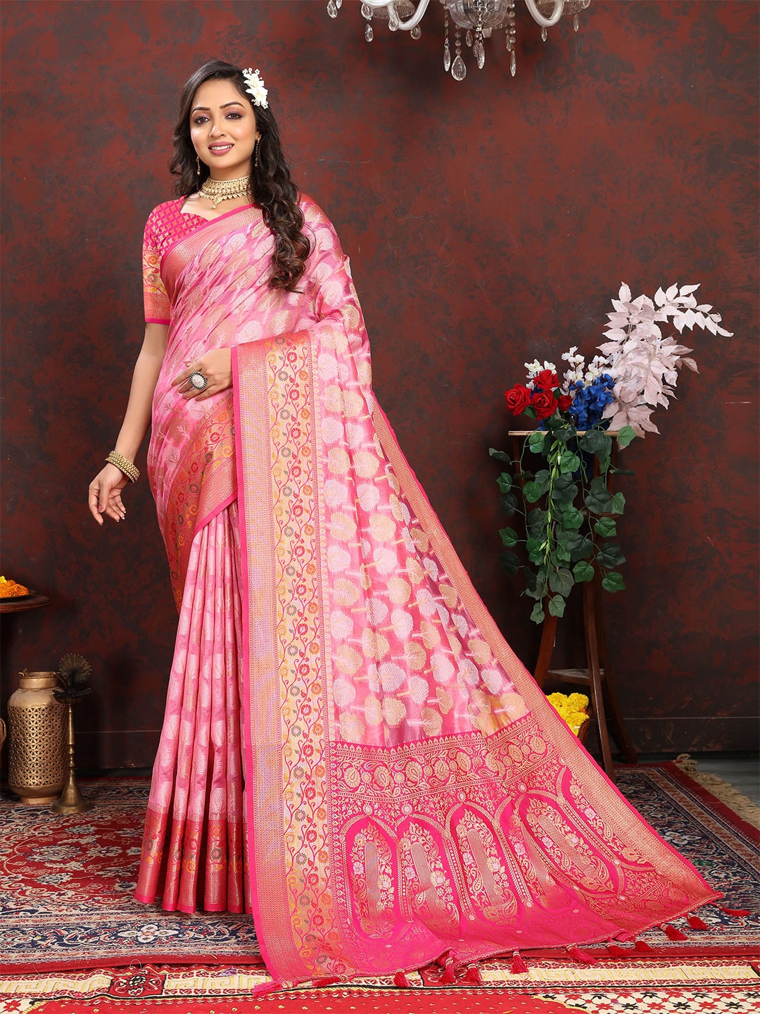 

Ekta Textiles Floral Woven Design Zari Organza Banarasi Saree, Pink