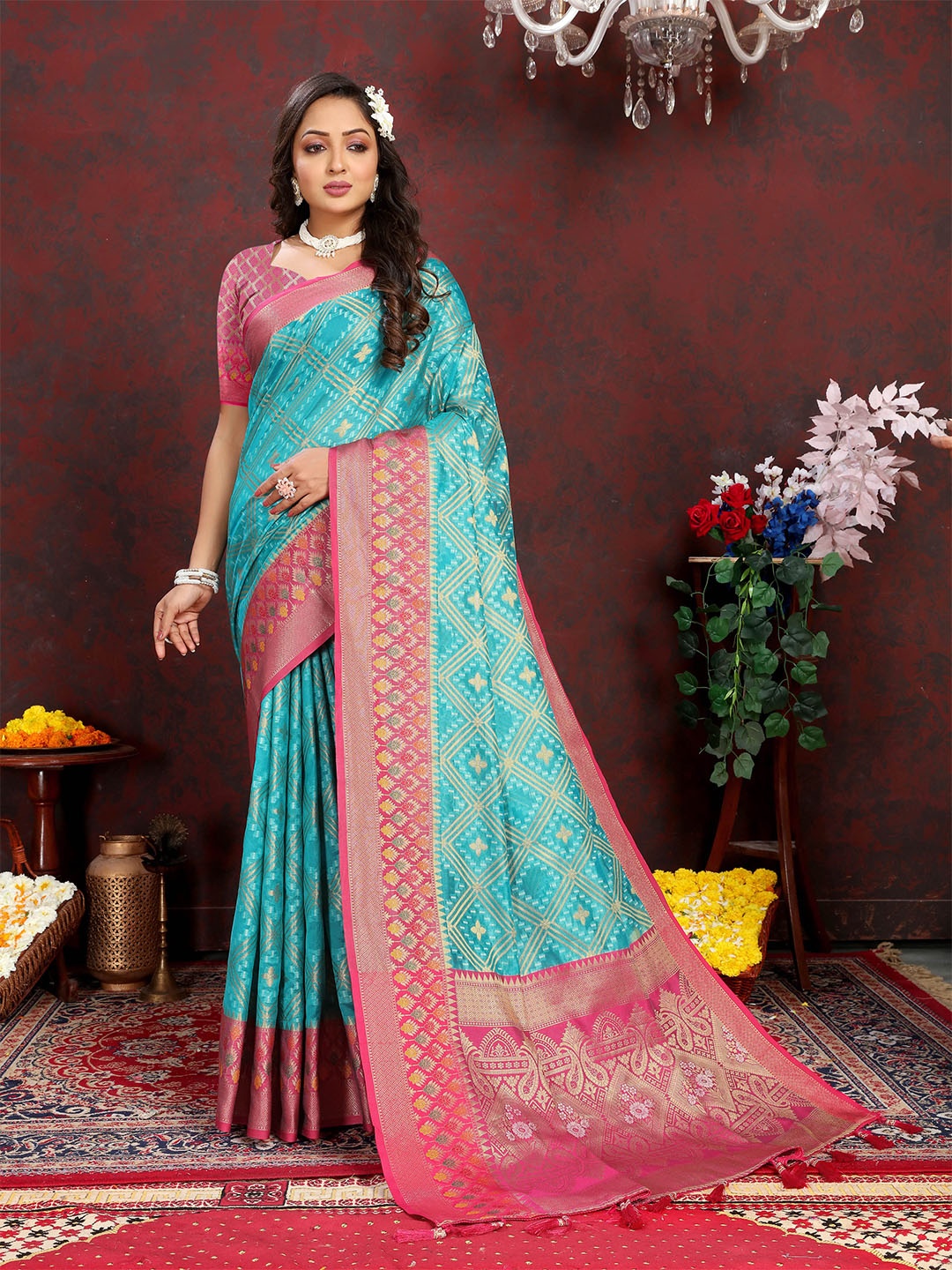 

Ekta Textiles Ethnic Motifs Zari Organza Banarasi Saree, Turquoise blue
