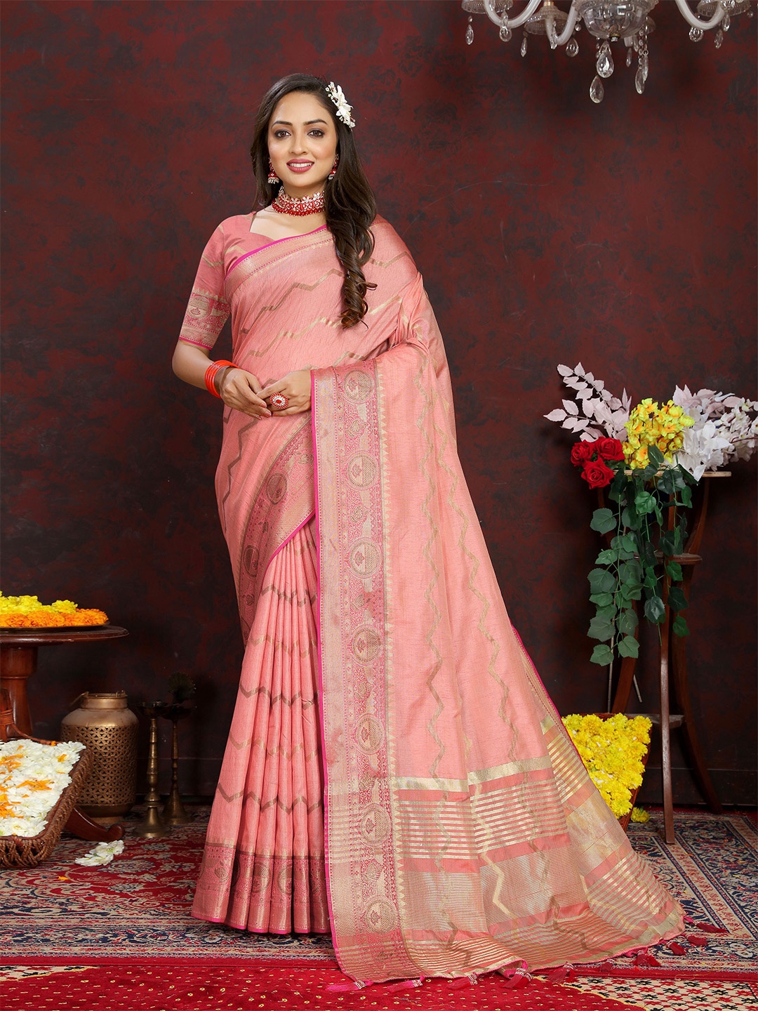 

Ekta Textiles Ethnic Motifs Woven Design Zari Pure Silk Banarasi Saree, Pink