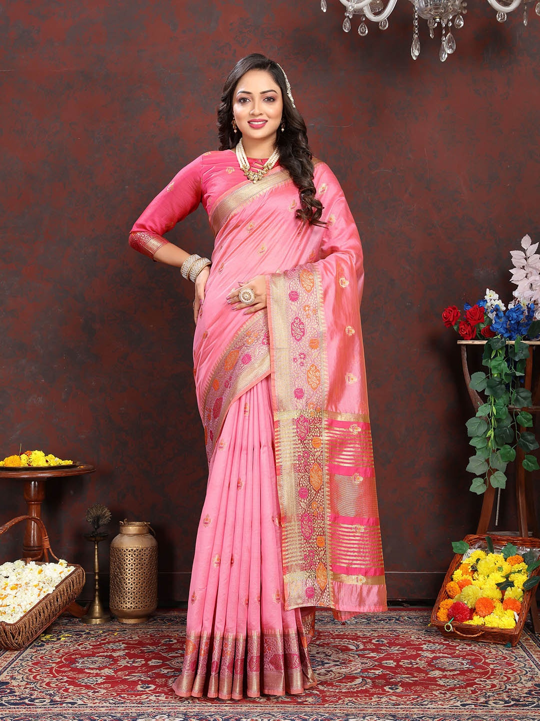 

Ekta Textiles Ethnic Motifs Woven Design Zari Organza Banarasi Saree, Pink