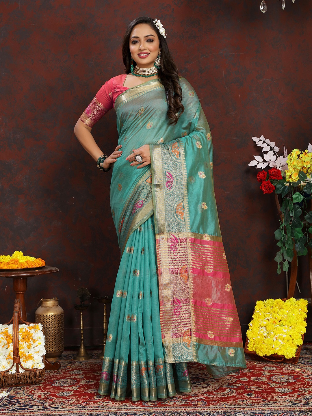 

Ekta Textiles Ethnic Motifs Woven Design Zari Organza Banarasi Saree, Turquoise blue