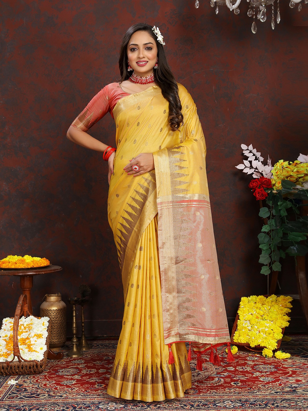

Ekta Textiles Floral Woven Design Zari Pure Silk Banarasi Saree, Yellow