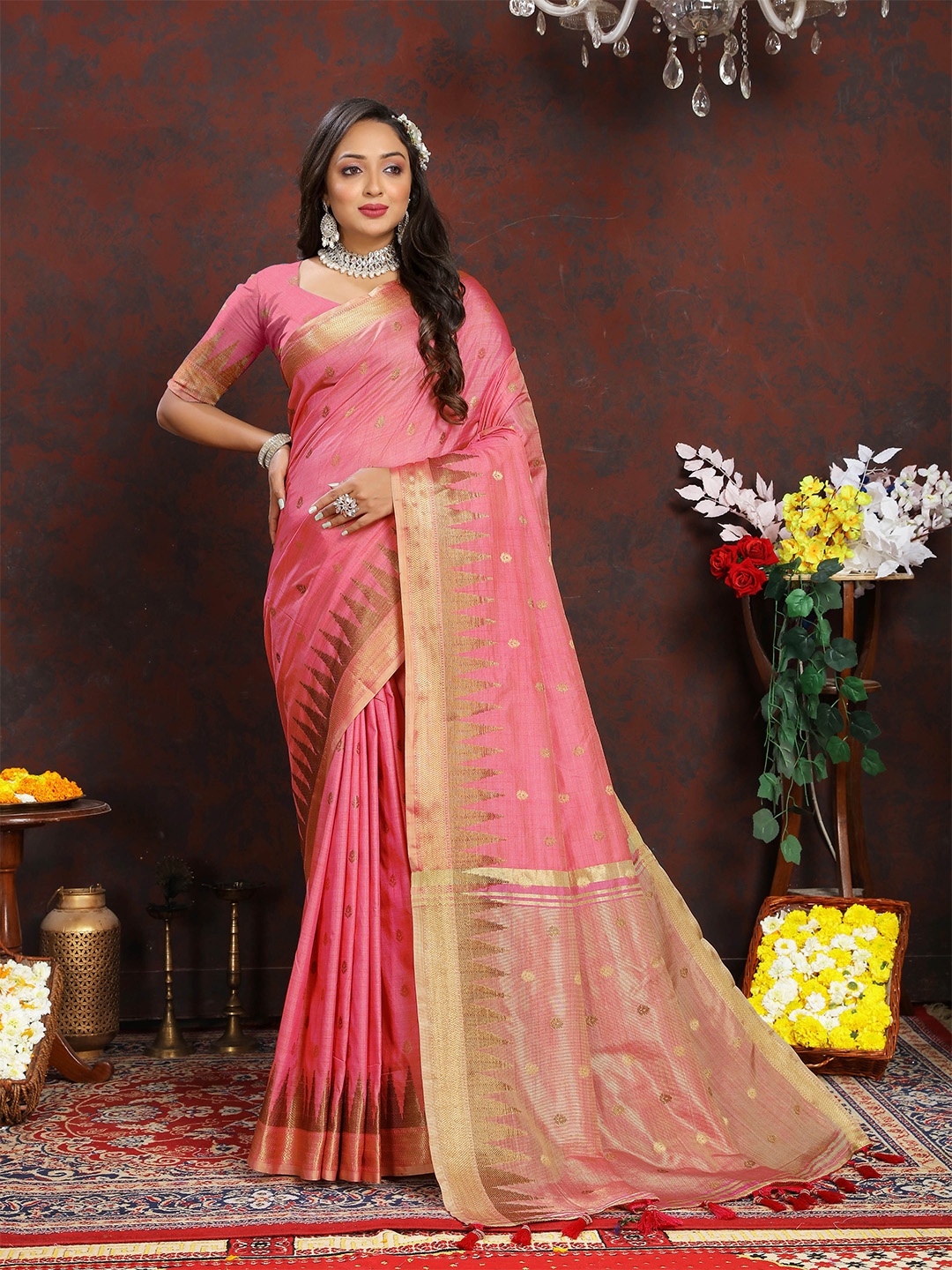 

Ekta Textiles Ethnic Motifs Zari Pure Silk Banarasi Saree, Pink