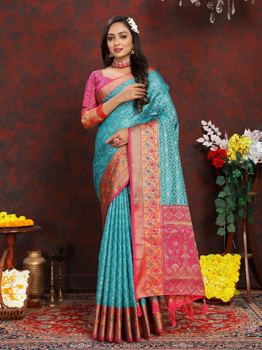

Ekta Textiles Ethnic Motifs Woven Design Zari Organza Banarasi Saree, Turquoise blue
