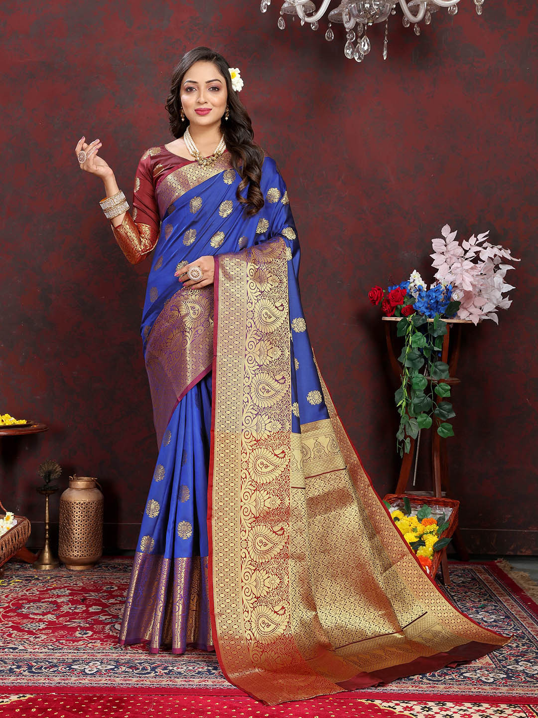 

Ekta Textiles Floral Woven Design Zari Pure Silk Banarasi Saree, Blue