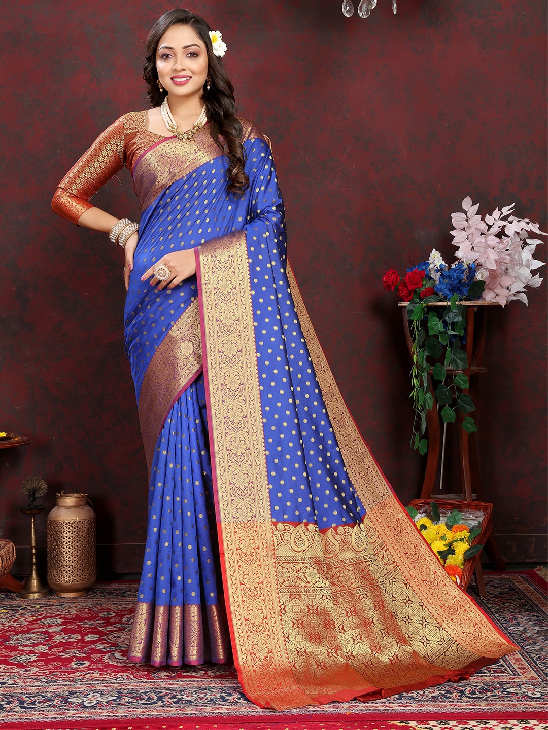 

Ekta Textiles Ethnic Motifs Woven Design Zari Pure Silk Banarasi Saree, Blue