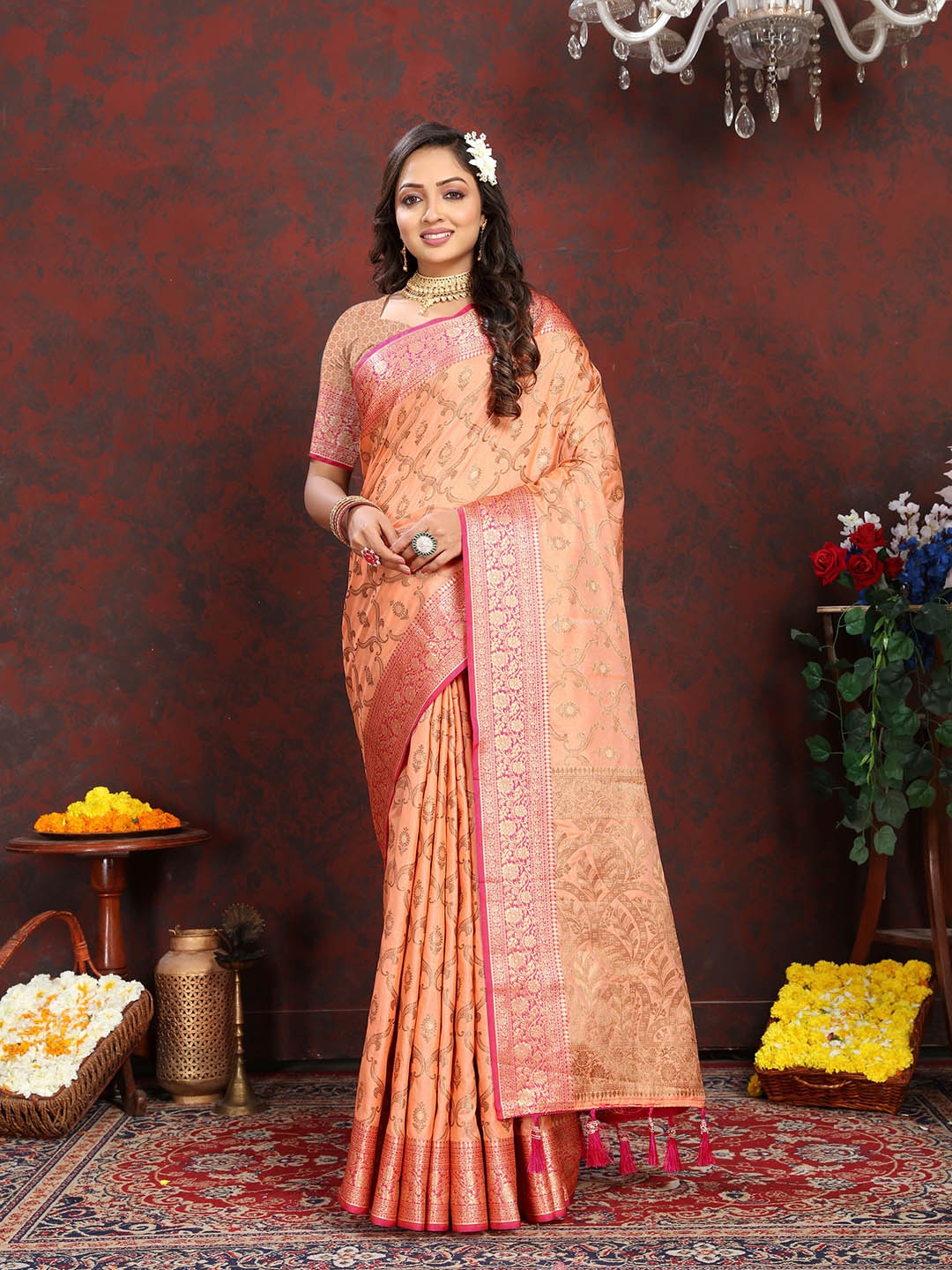 

Ekta Textiles Ethnic Motifs Woven Design Zari Pure Silk Banarasi Saree, Peach