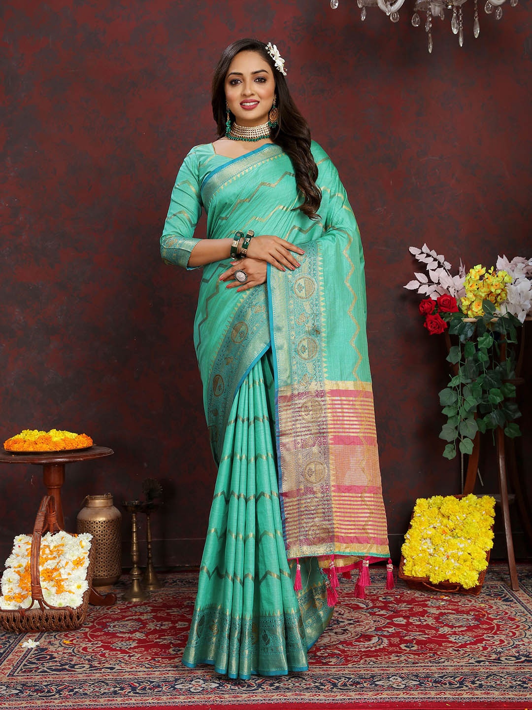 

Ekta Textiles Geometric Woven Design Zari Pure Silk Banarasi Saree, Turquoise blue