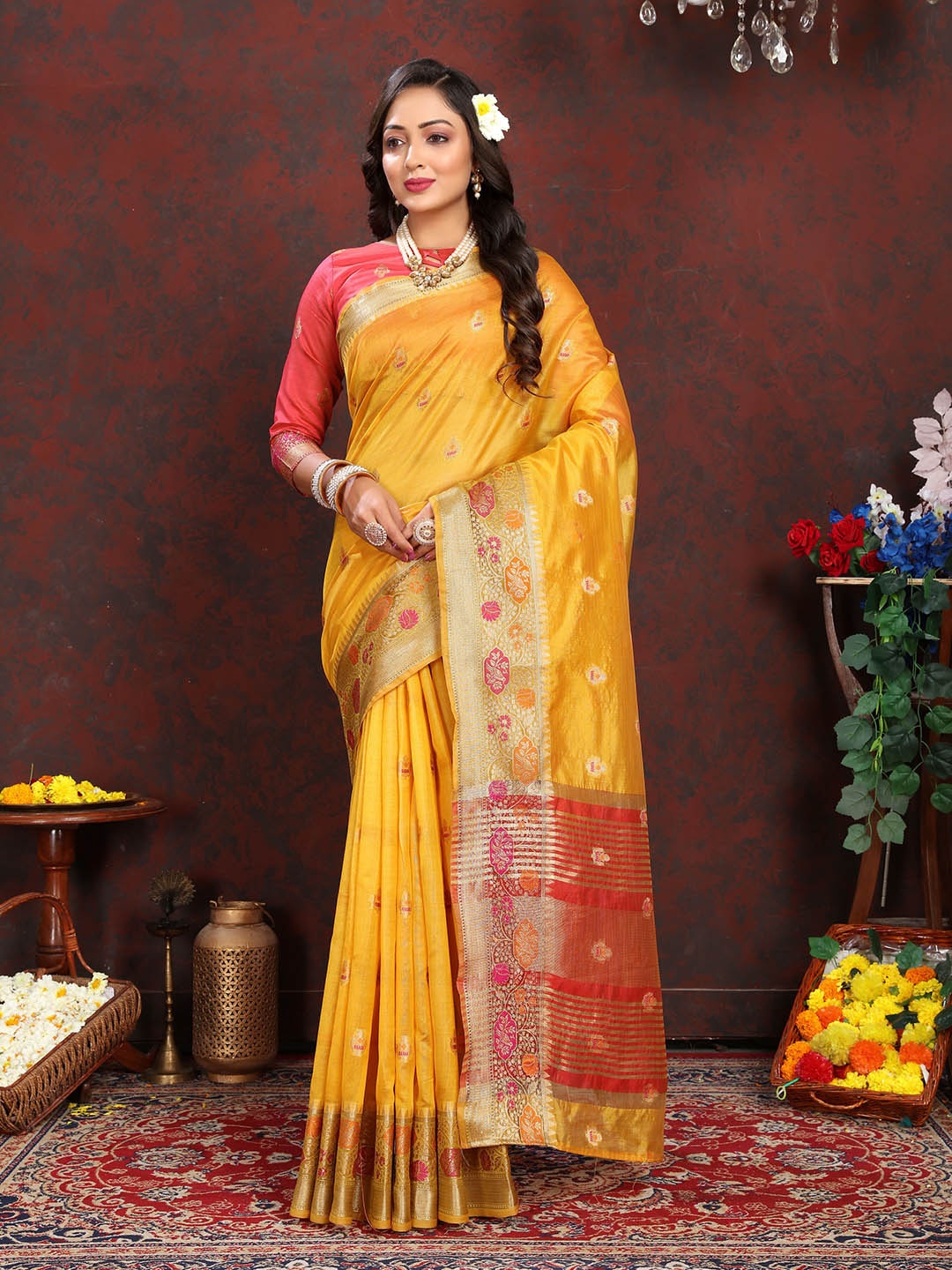 

Ekta Textiles Ethnic Motifs Woven Design Zari Organza Banarasi Saree, Yellow