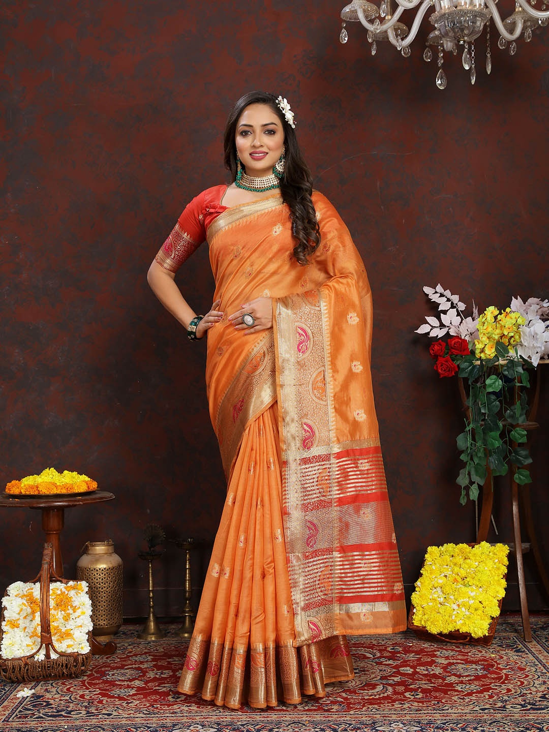 

Ekta Textiles Ethnic Motifs Woven Design Zari Organza Banarasi Saree, Orange