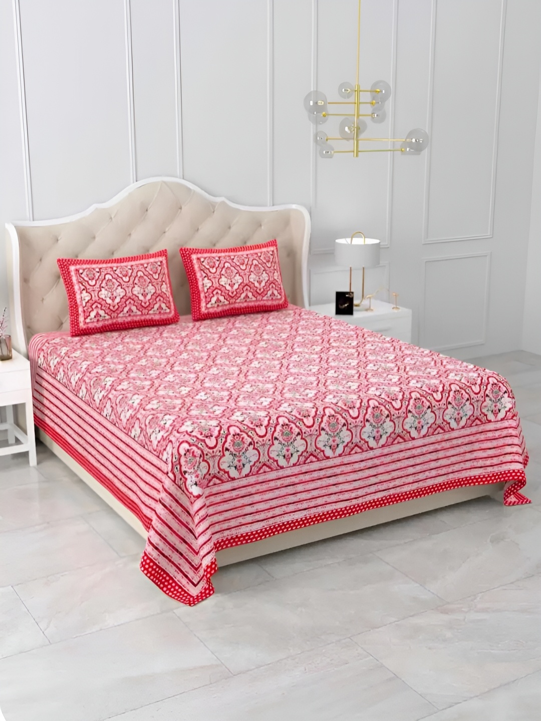 

Qfab Red & White Floral Cotton 260 TC King Bedsheet with 2 Pillow Covers