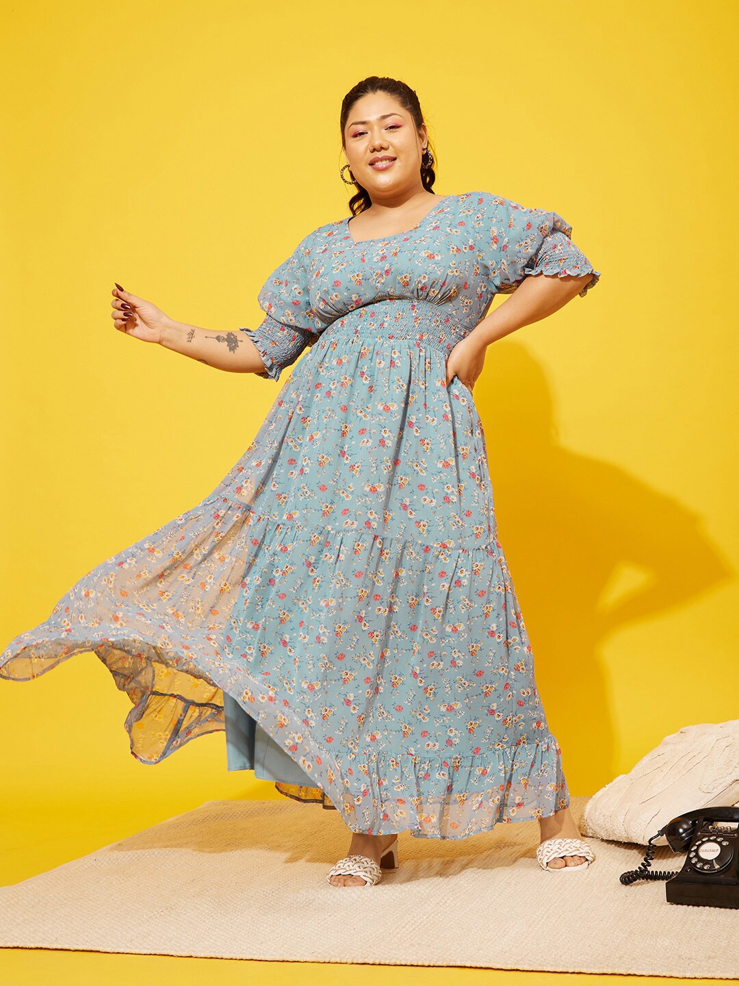 

QUIERO MAS Plus Size Floral Printed Cuffed Sleeves Georgette Tiered Maxi Dress, Blue
