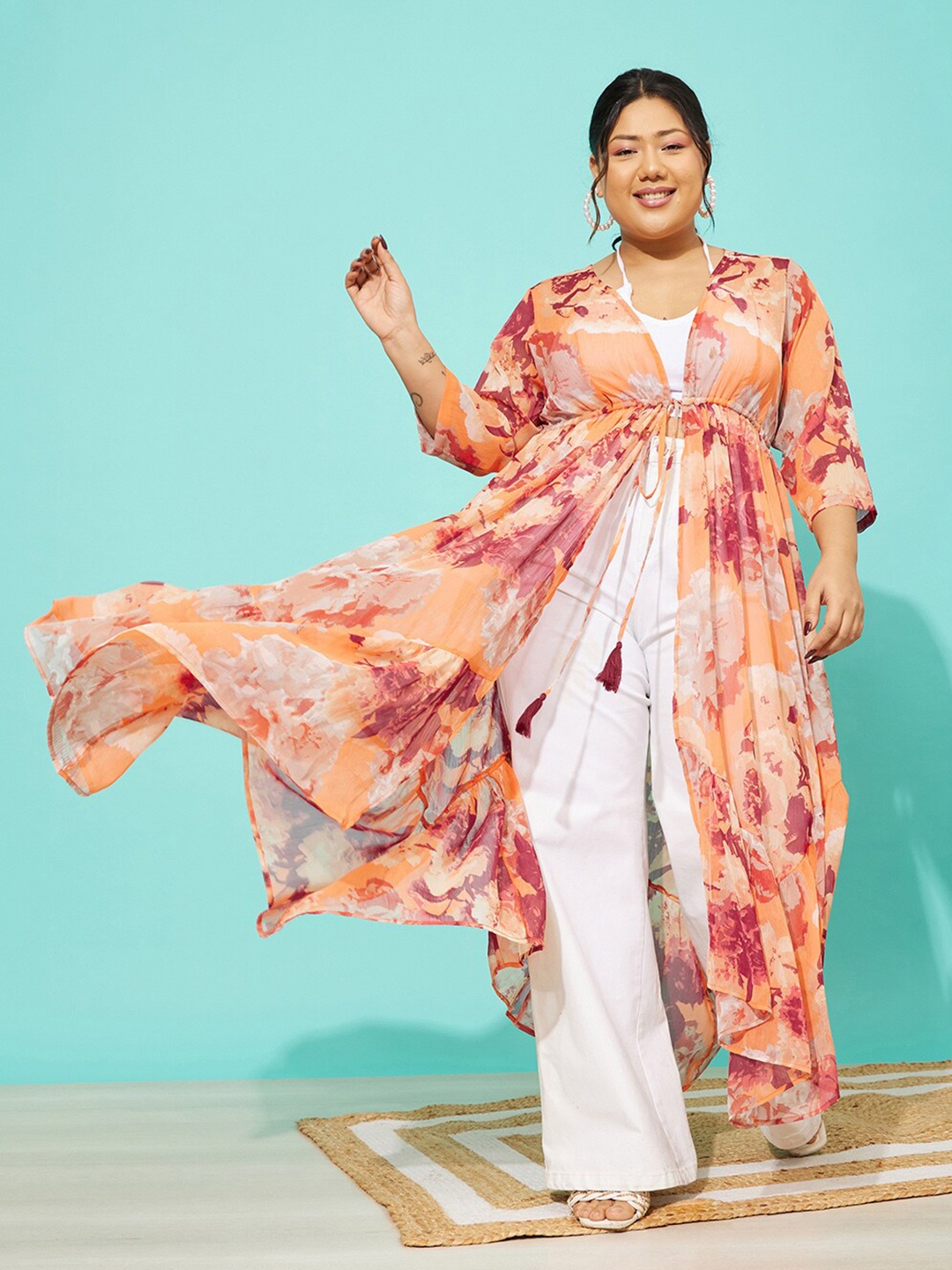 

QUIERO MAS Floral Printed Longline Tie-Up Shrug, Orange