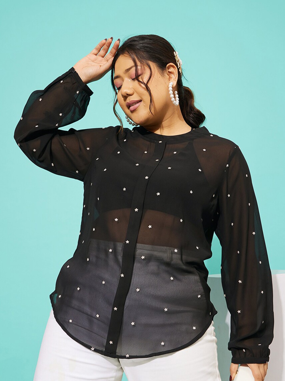 

QUIERO MAS Plus Size Printed Band Collar Puff Sleeves Georgette Regular Top, Black