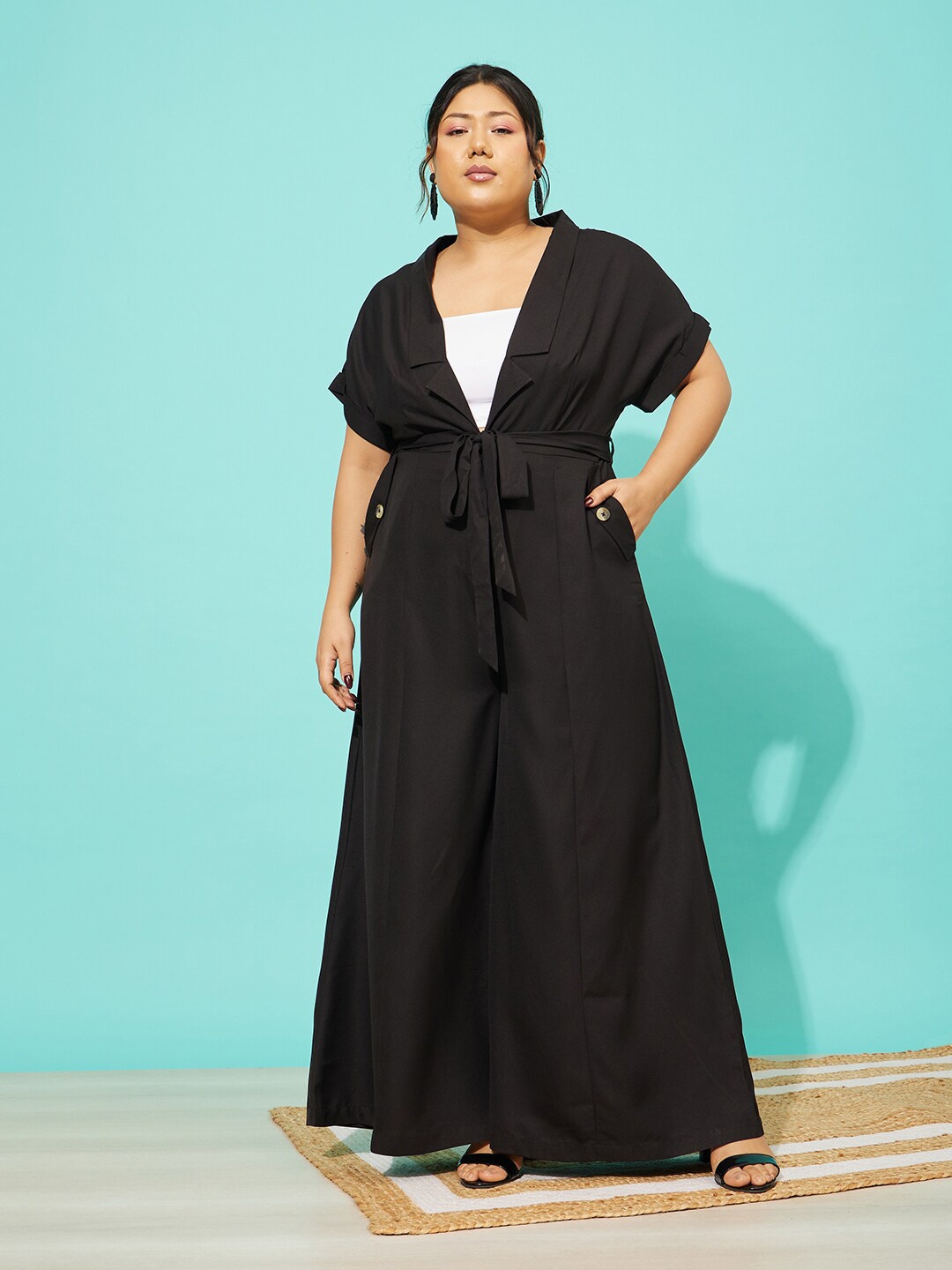 

QUIERO MAS Plus Size Shawl Neck Basic Jumpsuit, Black