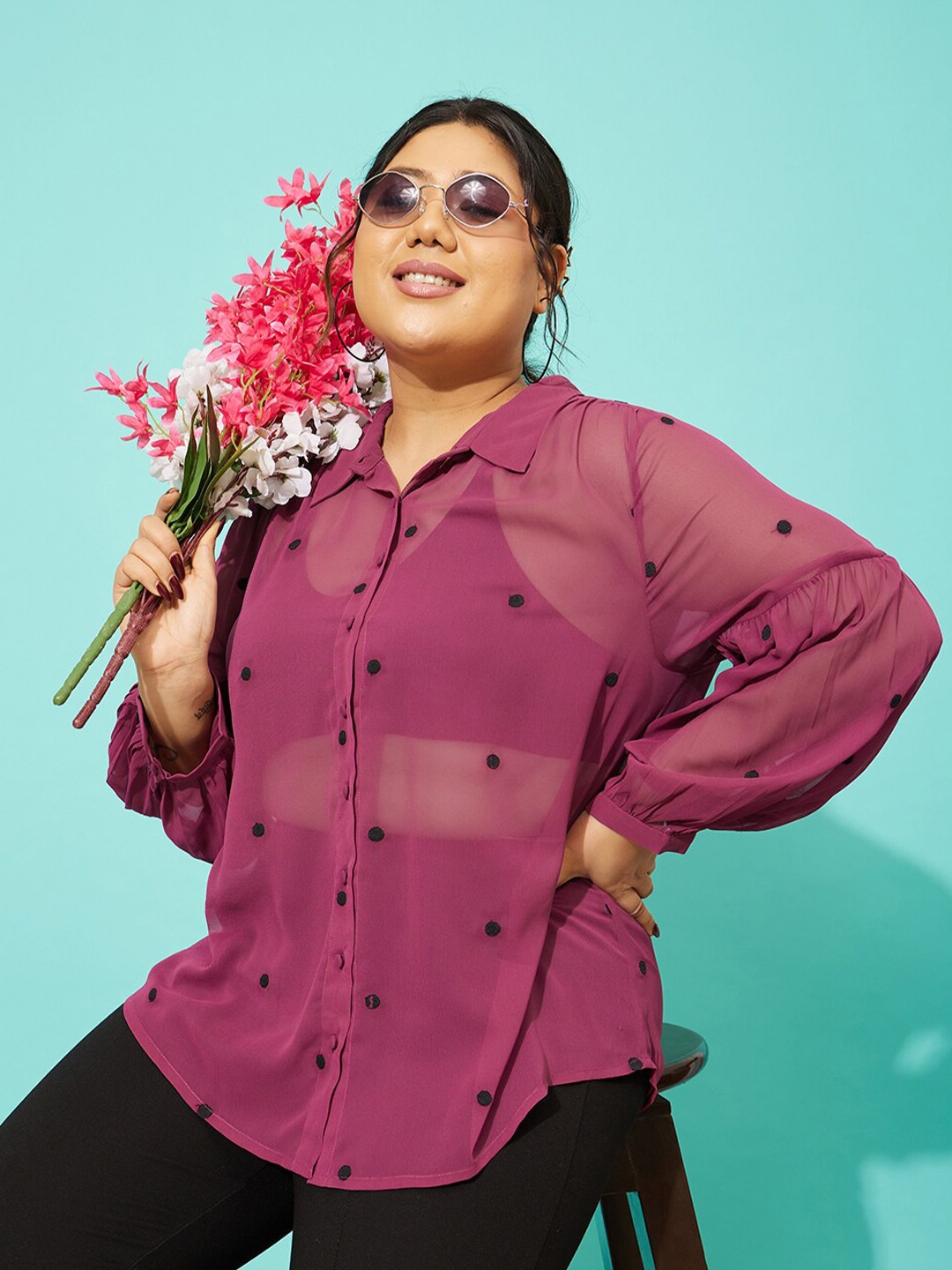 

QUIERO MAS Sheer Polka Dot Printed Casual Shirt, Mauve