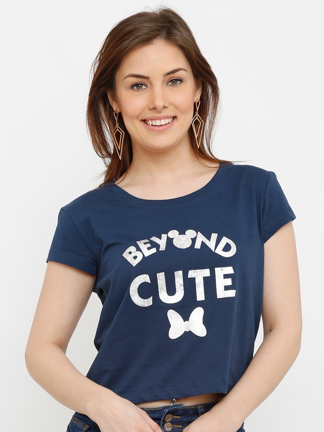 

Kraus Jeans Round Neck Short Sleeves Typographic Print Cotton Crop Top, Blue