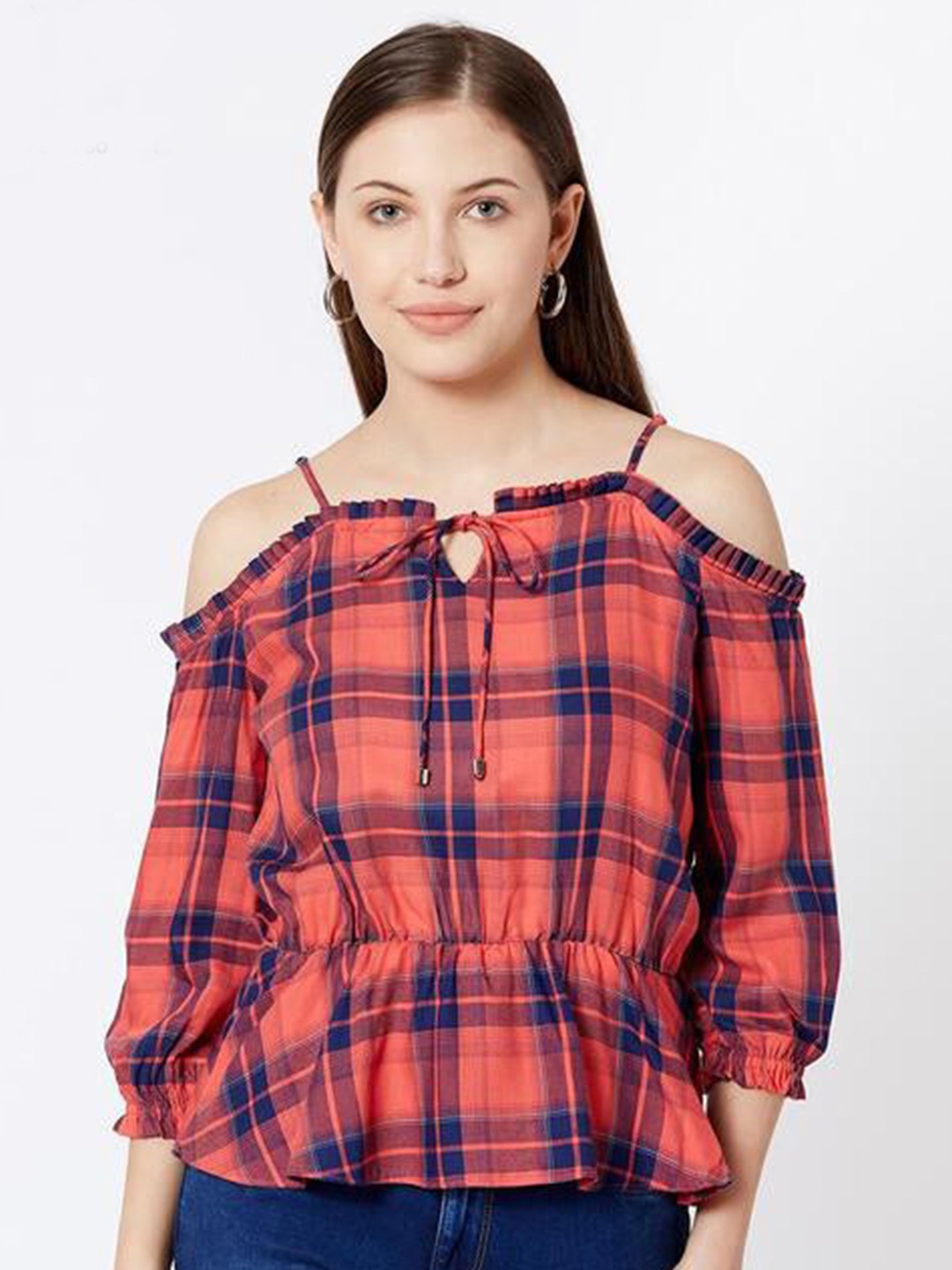 

Kraus Jeans Shoulder Straps Checked Cold-Shoulder Top, Navy blue