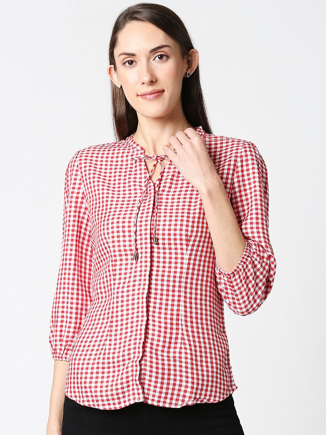 

Kraus Jeans Checked Tie-Up Neck Cuffed Sleeves Shirt Style Top, Red