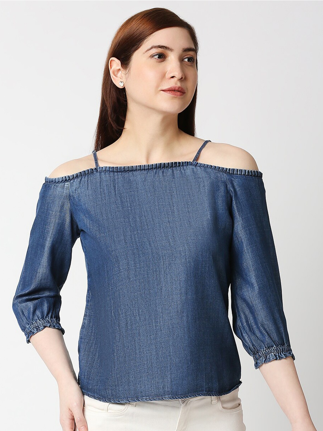 

Kraus Jeans Cold-Shoulder Cotton Top, Blue