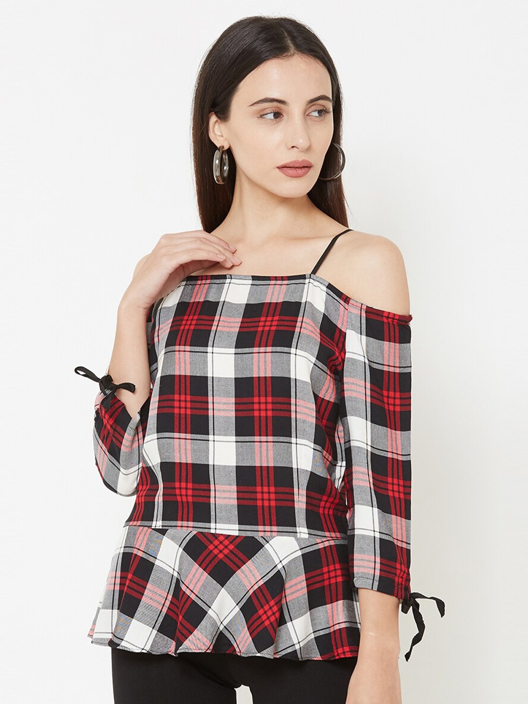 

Kraus Jeans Checked Cold-Shoulder Bardot Top, Red