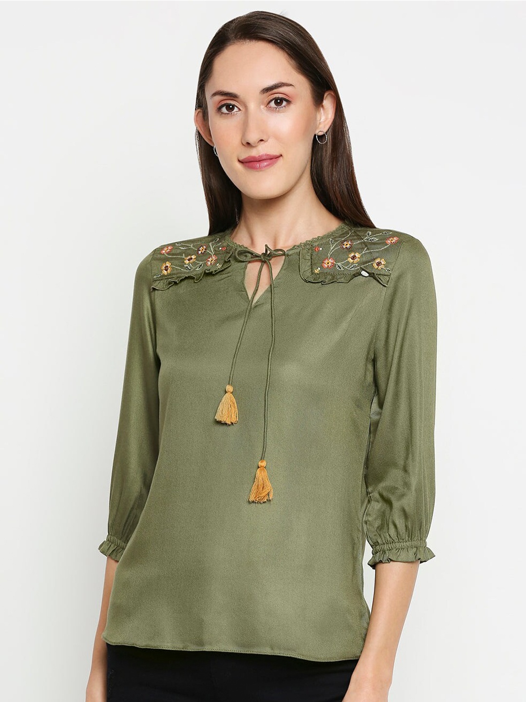 

Kraus Jeans Embroidered Tie-Up Neck Top, Olive