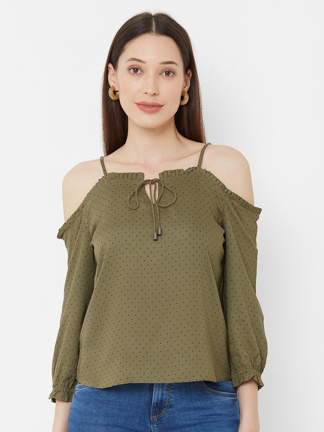 

Kraus Jeans Off Shoulder Self Design Top, Olive