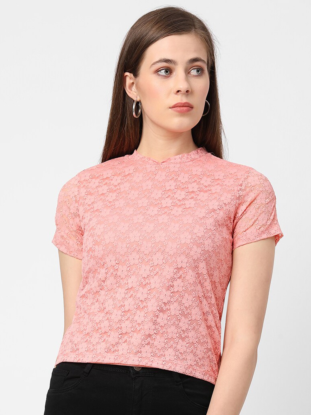 

Kraus Jeans Round Neck Short Sleeves Self Design Crop Top, Peach