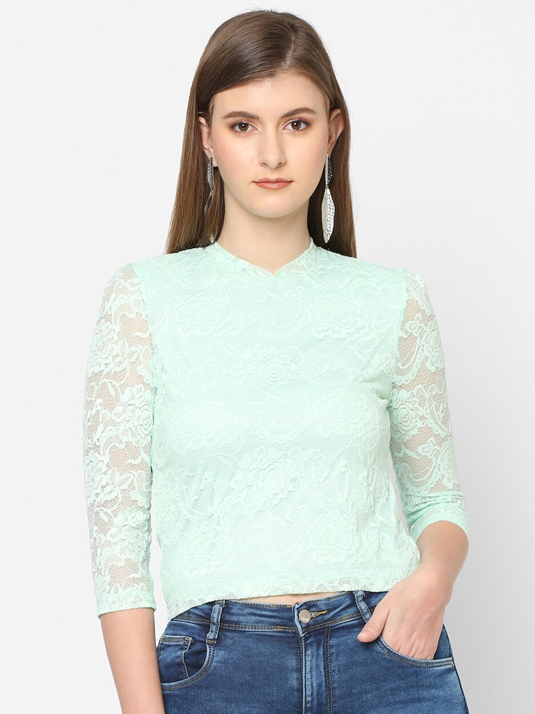 

Kraus Jeans Mandarin Collar Self Design Crop Top, Green