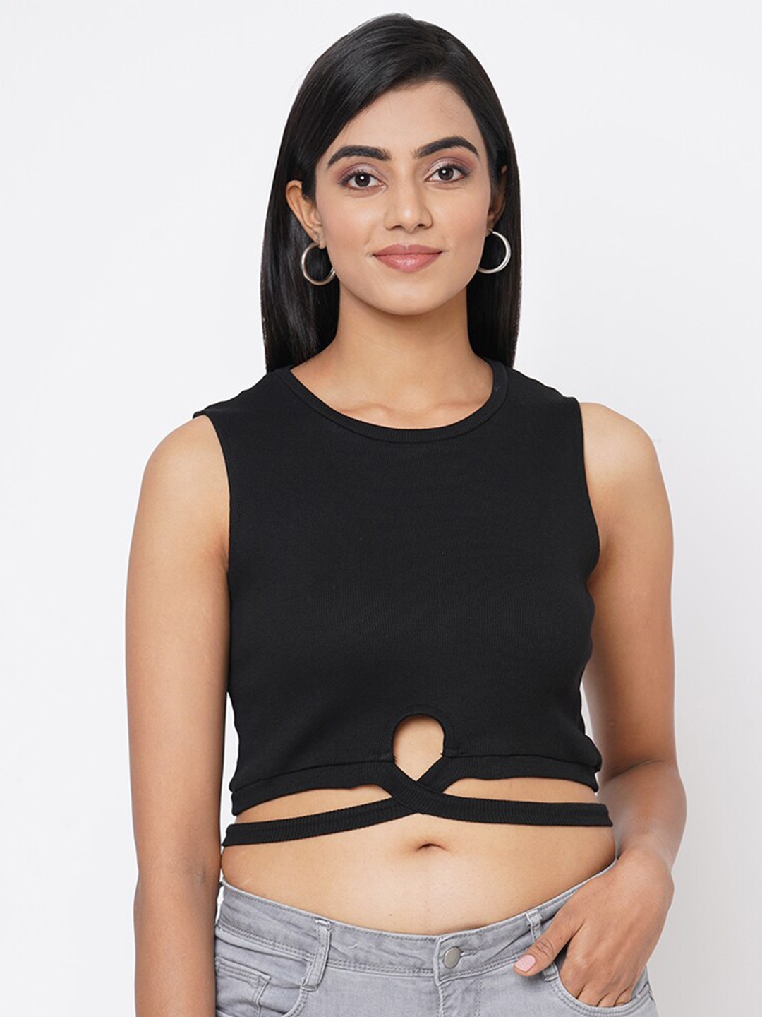 

Kraus Jeans Round Neck Sleeveless Cotton Crop Top, Black