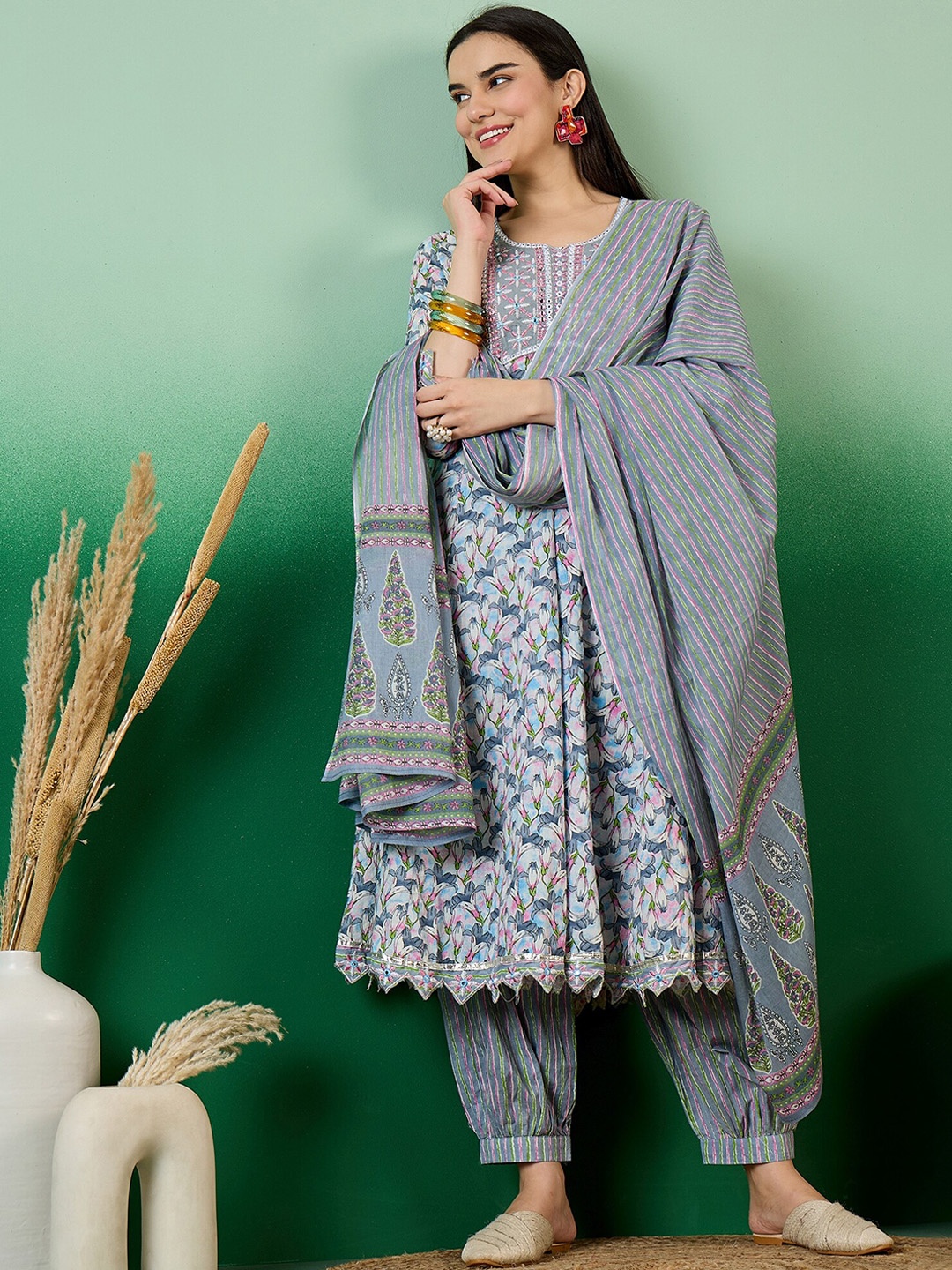 

Sangria Floral Printed Pure Cotton Anarkali Kurta With Trousers & Dupatta, Blue