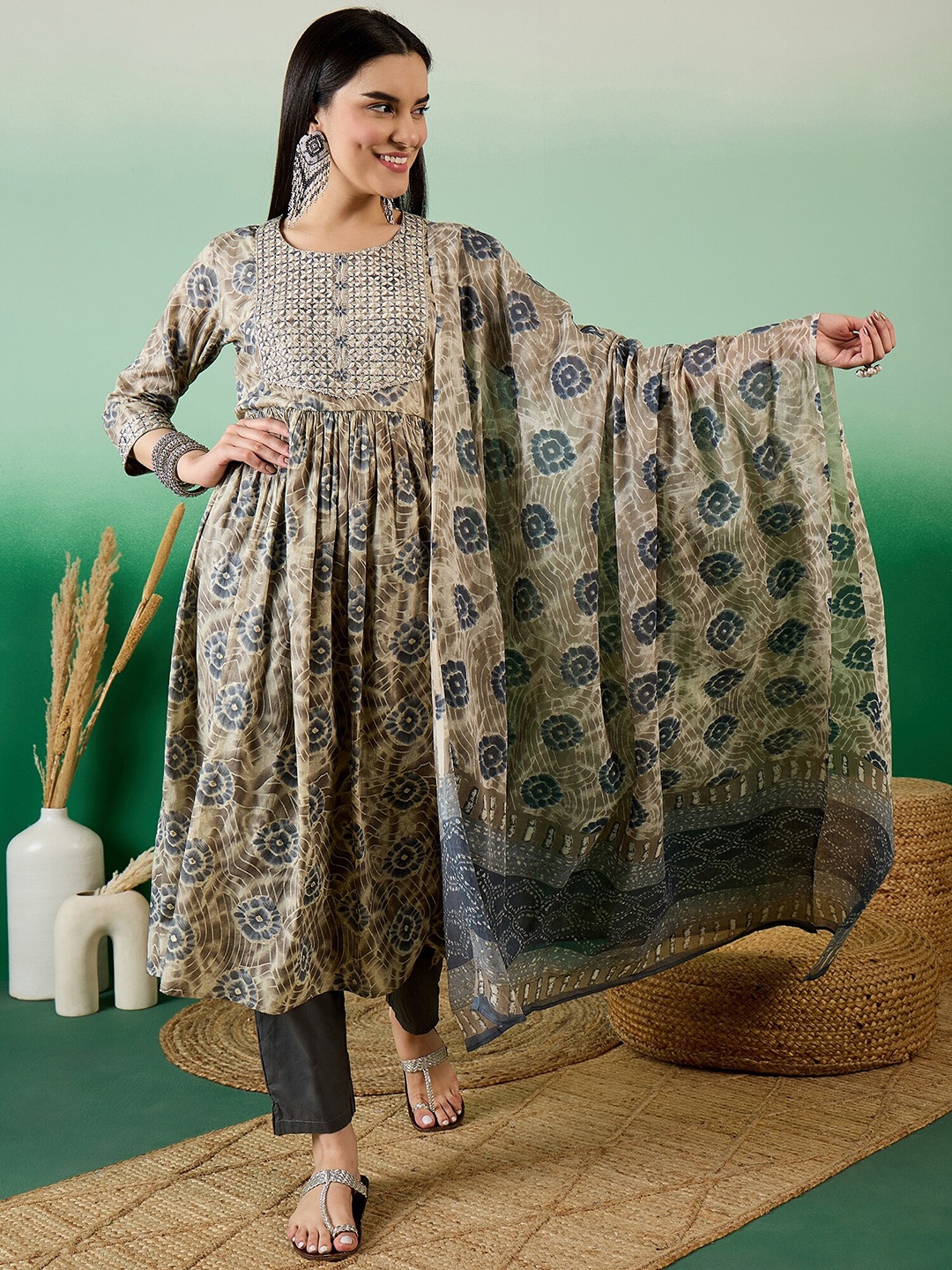 

Sangria Grey Printed Pure Cotton A-line Kurta With Trouser & Dupatte