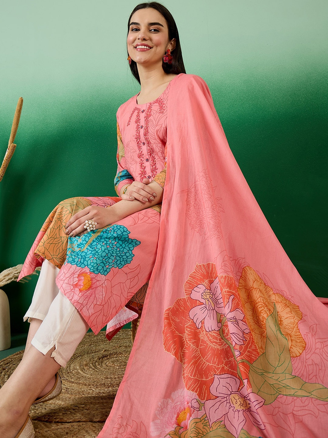 

Sangria Peach Floral Printed Thread Work Pure Cotton Kurta With Trouser & Dupatta