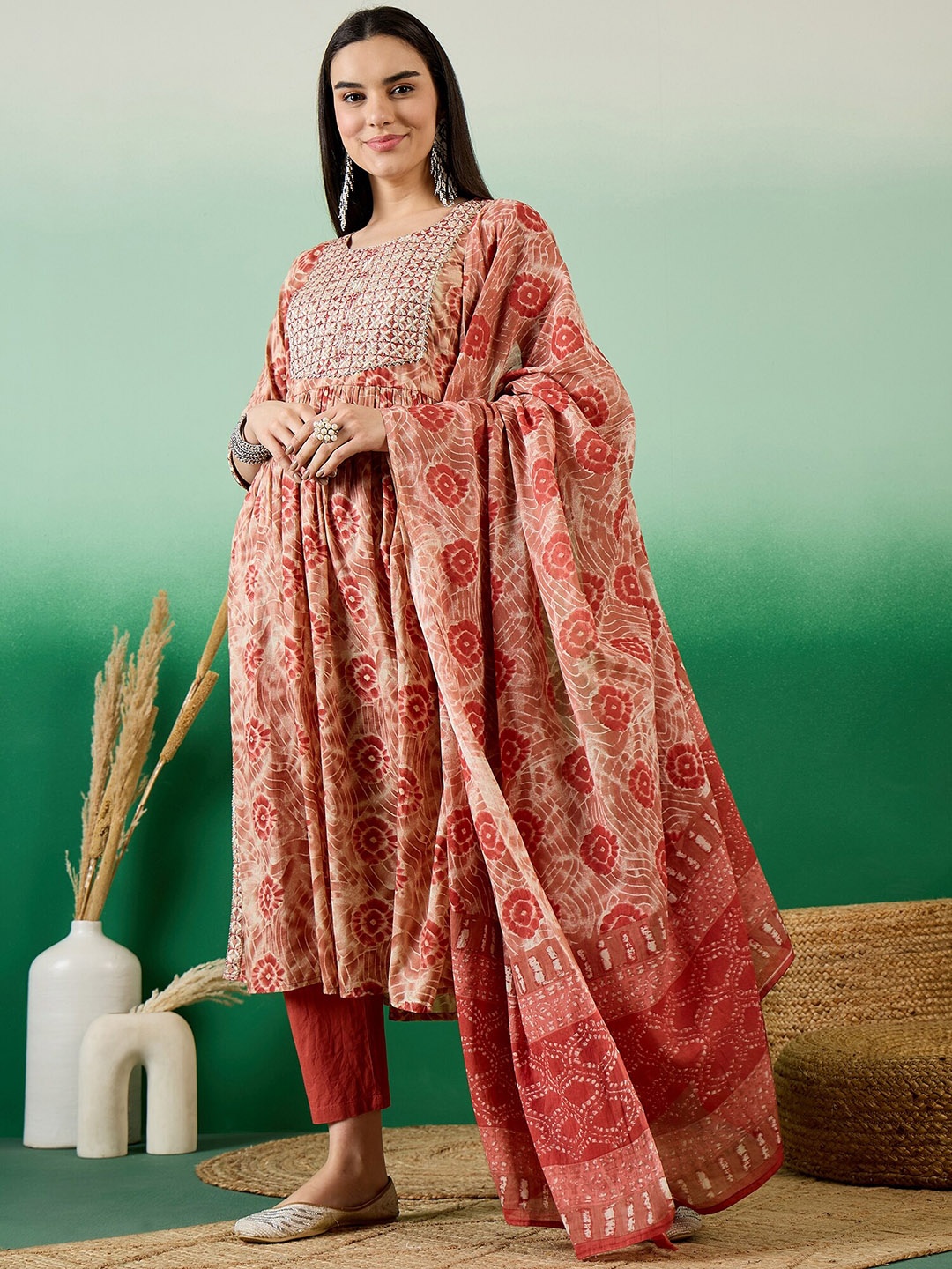 

Sangria Ethnic Motif Printed Pure Cotton V-Neck Kurta With Trousers & Dupatta, Rust