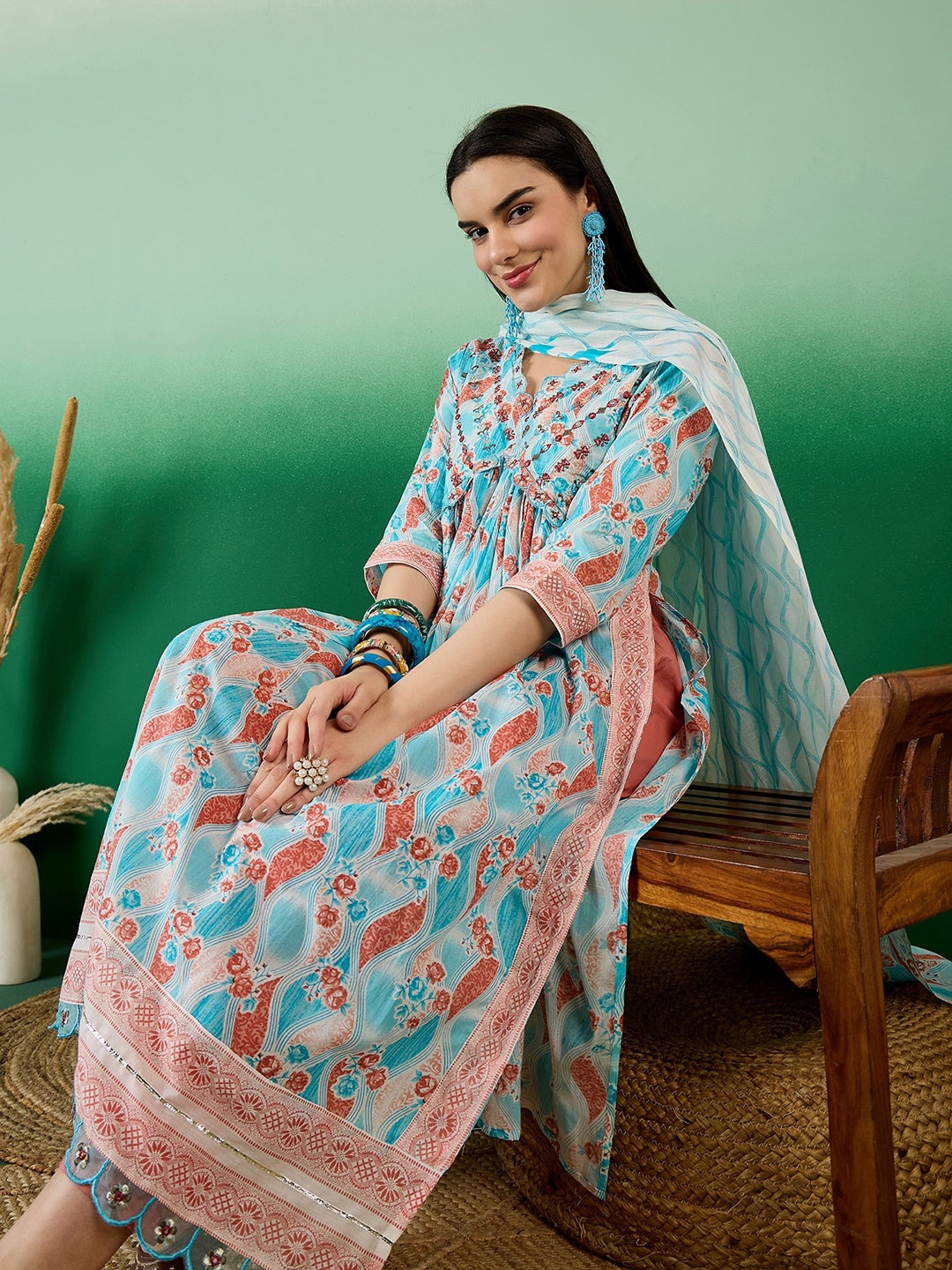 

Sangria Blue Ethnic Printed Pure Cotton A-Line Kurta With Trouser & Dupatta