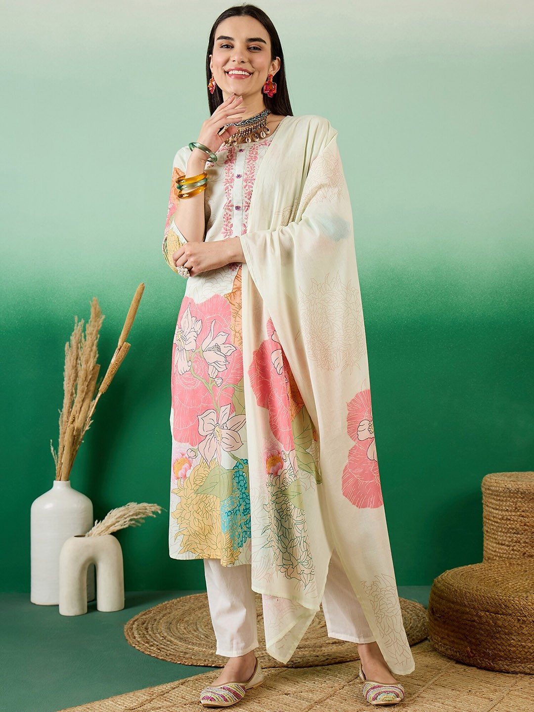 

Sangria Off White Floral Printed Pure Cotton Kurta With Trouser & Dupatta