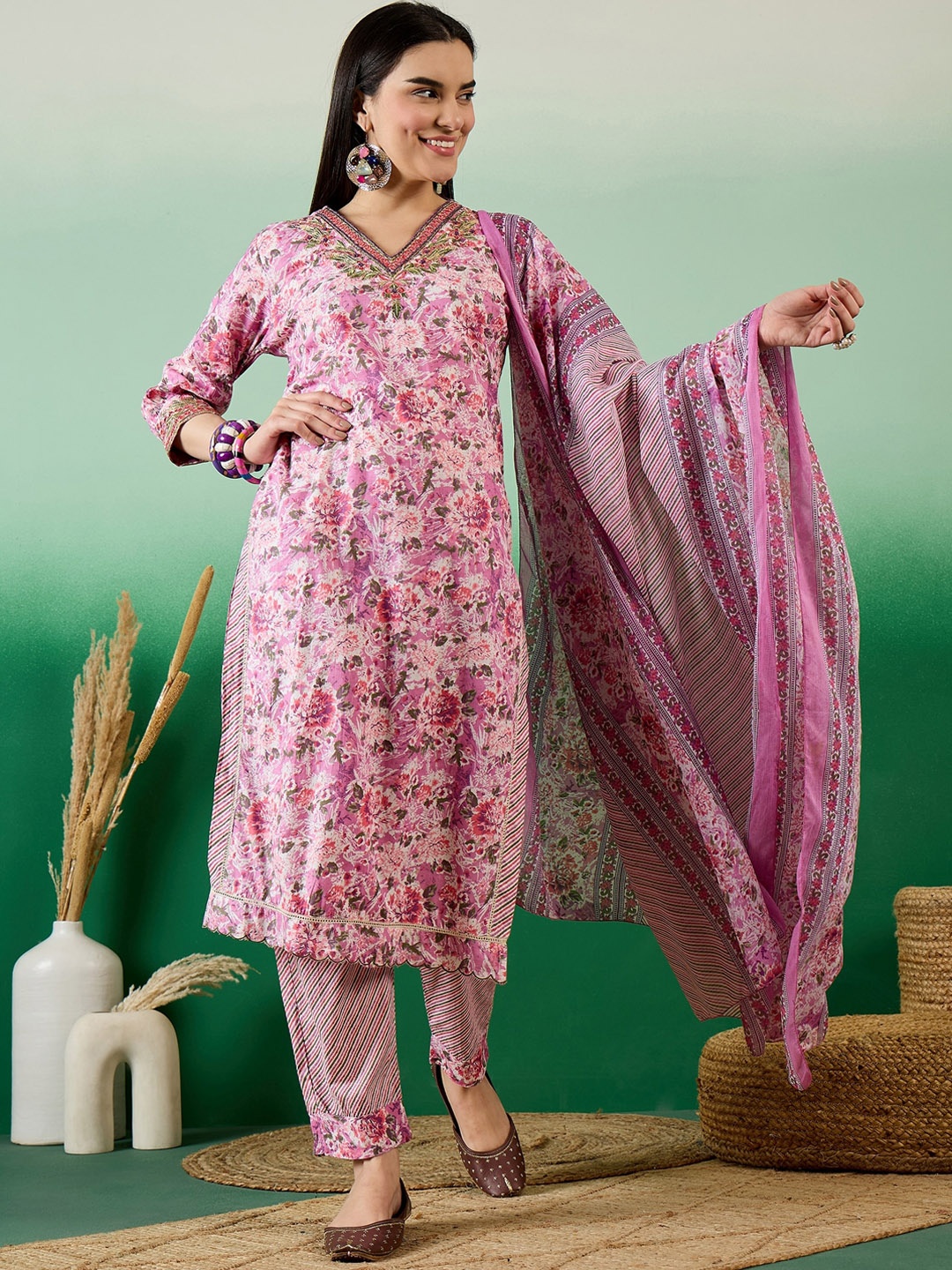 

Sangria Floral Printed Pure Cotton Mirror Work Straight Kurta With Trousers & Dupatta, Pink