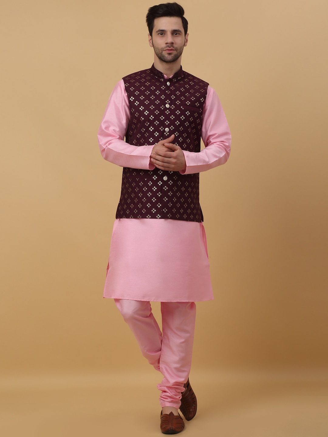 

KRAFT INDIA Straight Kurta with Churidar & Nehru Jacket, Pink