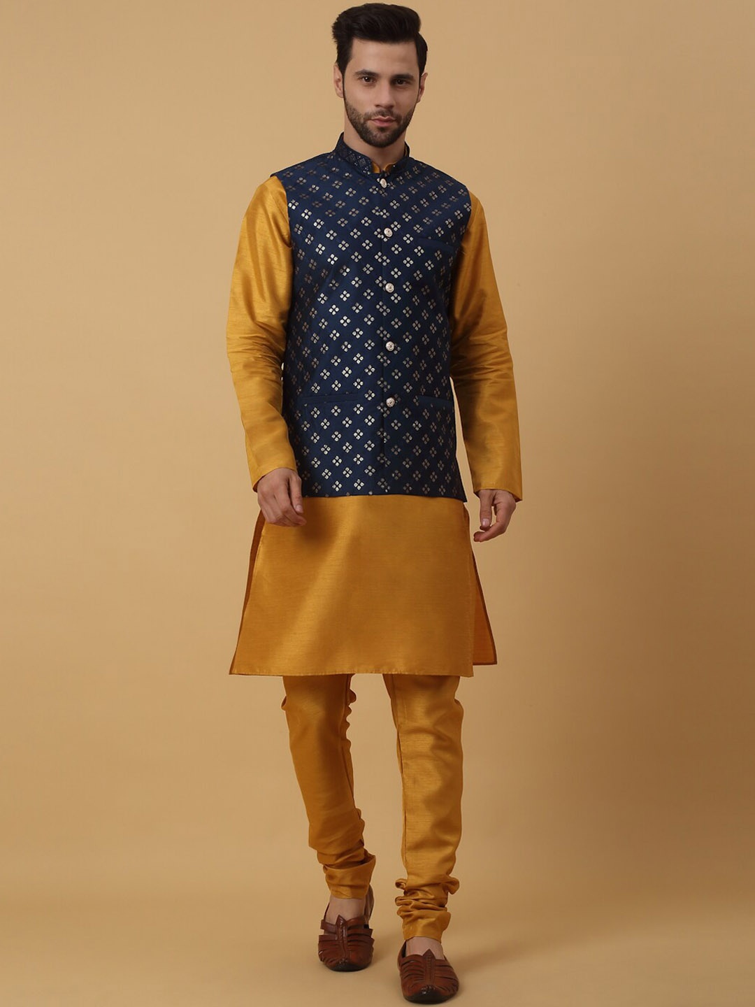

KRAFT INDIA Straight Kurta with Churidar & Nehru Jacket, Mustard