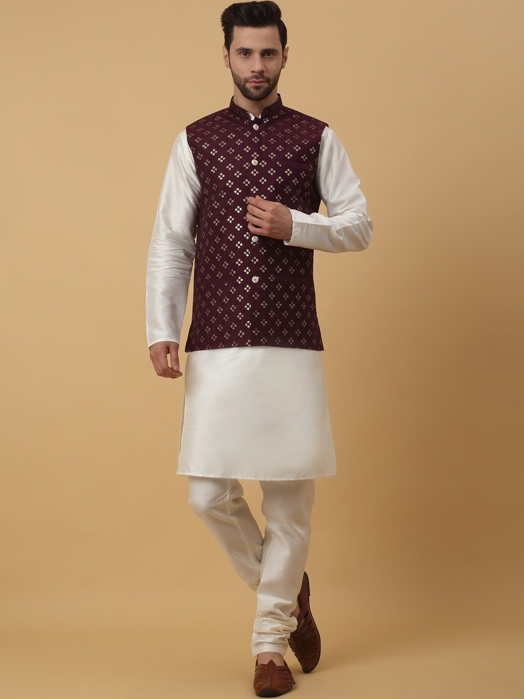 

KRAFT INDIA Cotton Silk Regular Sequinned Kurta with Churidar & Nehru Jacket, Cream