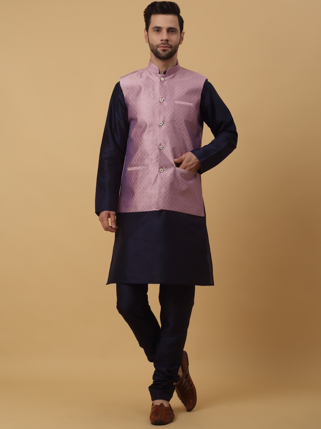 

KRAFT INDIA Mandarin Collar Straight Kurta & Churidar With Nehru Jacket, Navy blue