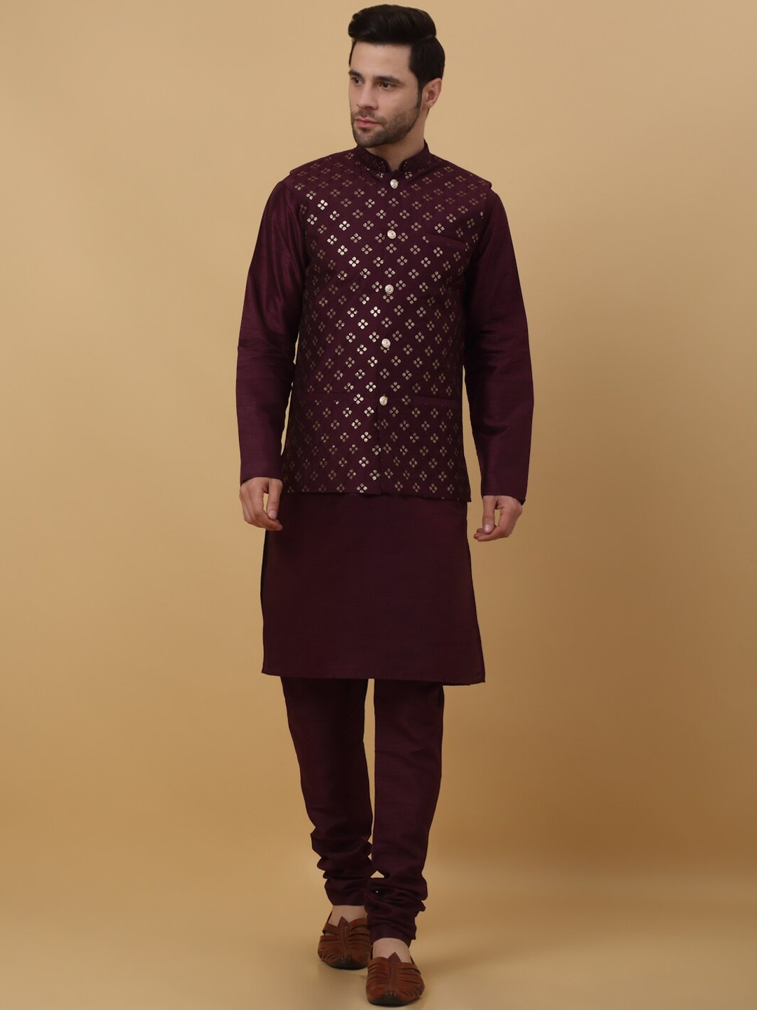 

KRAFT INDIA Mandarin Collar Long Sleeves Regular Kurta With Churidar & Jacket, Purple